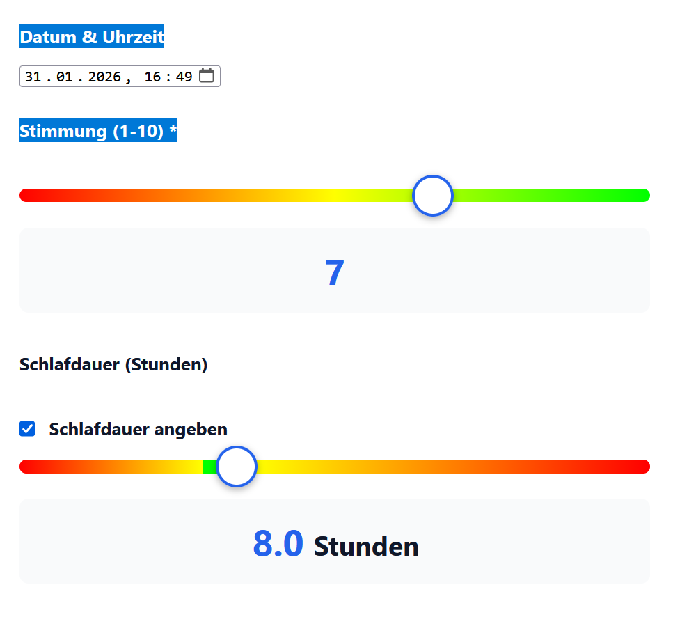 Datum & Uhrzeit, Stimmung, Schlafdauer